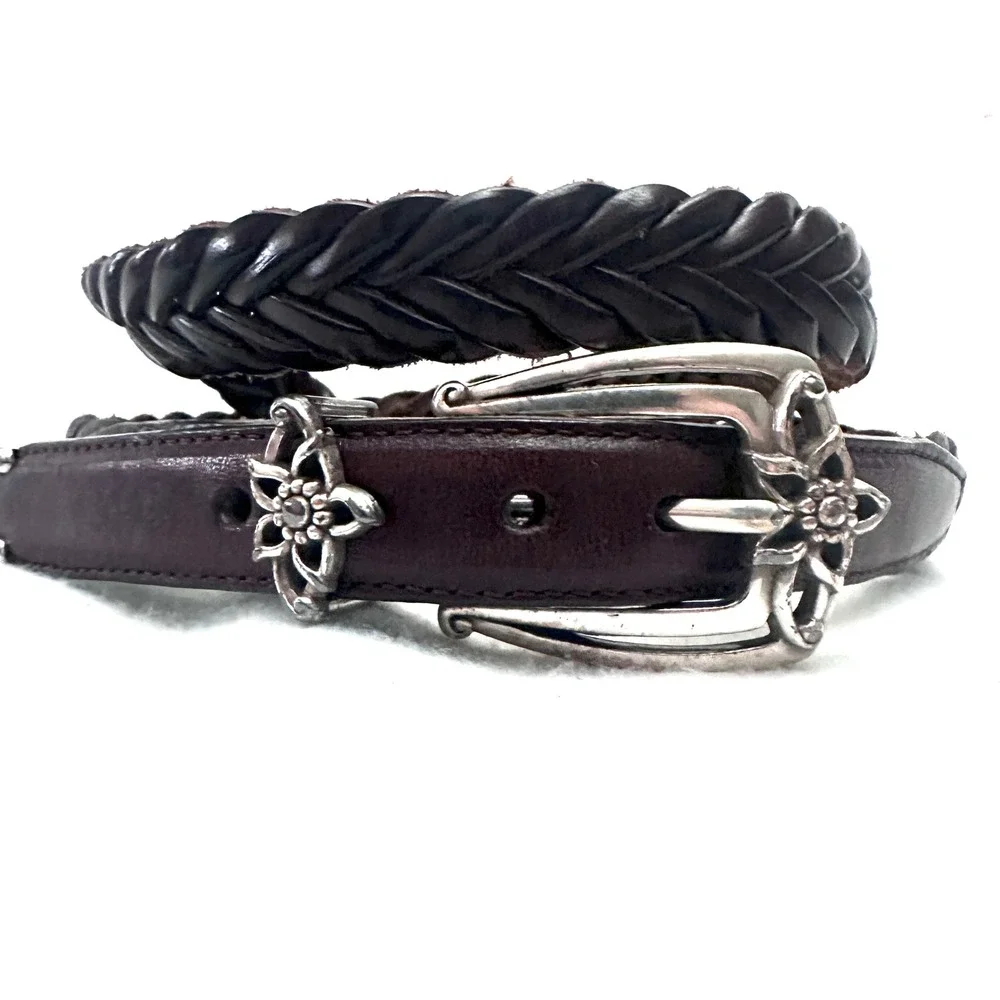 Brighton L 34 Espresso Brown Braided Leather Belt Silver Floral Western Buckle